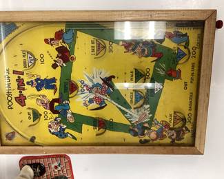 2) VTG. TOY LOT. THE DRINKING CAPTAIN AND PINBALL Made in Japan animated drinking captain and Poosh-M-Up Jr. 4 in 1 Baseball PINBALL game.