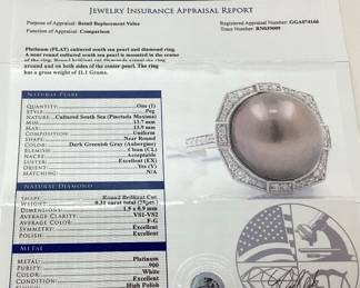 PLATINUM SOUTH SEA PEARL & DIAMOND RING, SIZE 7 0.31cts DIAMONDS, 11.1g TOTAL WEIGHT, GGA APPRAISAL $8,870.00