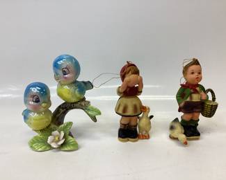 1950â€™s NORCREST BLUE BIRDS SITTING ON A BRANCH AND TWO HUMMEL STYLE PLASTIC ORNAMENTS MADE IN HONG KONG