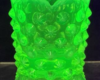 VTG. FENTON HOBNAIL URANIUM GLASS TOOTHPICK HOLDER, 3in H