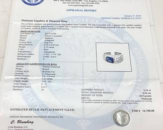 PLATINUM SAPPHIRE & DIAMOND RING, SIZE 7, G.I.A. CERTIFIED, 2.13ct SAPPHIRE, 0.24cts DIAMONDS, 10.9g TOTAL WEIGHT, AIGL APPRAISAL $14,700.00