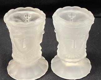PAIR OF L.G. WRIGHT 3 FACES FROSTED SATIN GLASS TOOTHPICK HOLDERS, 2.5in H