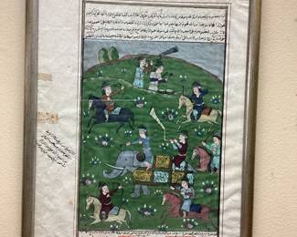 ANTIQUE INDO PERSIAN MANUSCRIPT FRAMED GOUACHE AND INK OF A BATTLE