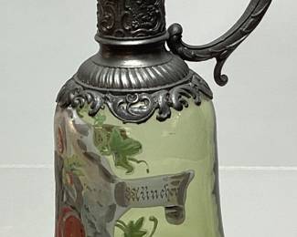 GERMAN METAL TOP, DECORATED GREEN GLASS EWER, 7.5in H