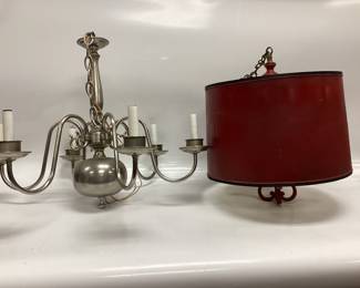 2 CHANDELIER HANGING LAMPS RED WROUGHT IRON AND SILVER TONE METAL