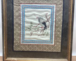 VTG. SILK EMBROIDERY EAGLE ON A BRANCH 14x16