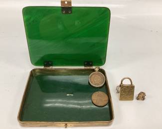 ANTIQUE NEPHRITE JADE CIGARETTE CASE, 1941p WHEAT PENNY, 1908p INDIAN HEAD PENNY, LOCK WITH KEY INSCRIPTIONS AND MASQUE AND GAVEL PIN