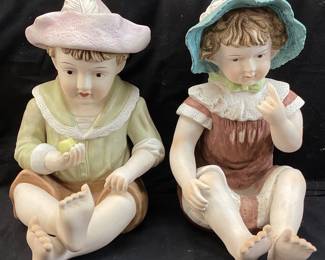  PAIR OF GERMAN BISQUE â€˜PIANO BABIESâ€™ BOY & GIRL PORCELAIN FIGURINES, 12.5in H NO SHIPPING PICKUP ONLY