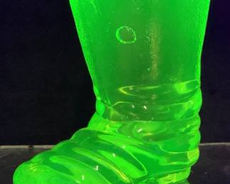 VTG. URANIUM VASELINE GLASS BOOT TOOTHPICK HOLDER