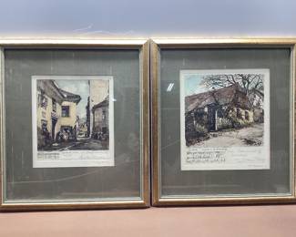 2 VTG. HAND COLORED ETCHINGS BY HERTA CZOERNIG GOBANZ. JOHANN STRAUSS VIENNA SALMANNSDORF SUMMER HOUSE AND L.V. BEETHOVEN BADEN WIEM IM MAGDALENENHOF