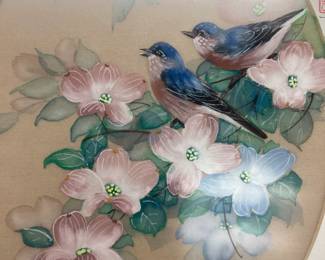 VTG. WATERCOLOR ON SILK BY JOHN CHENG BLUE BIRDS ON A DOGWOOD BRANCH