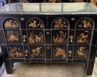 VTG. SHAW FURNITURE CO CHINOISERIE BLACK LAQUER BED SET, 2 DOUBLE BEDS, GLASS TOP CHEST OF DRAWERS w MIRROR NO SHIPPING PICKUP ONLY