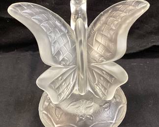 FENTON FROSTED SATIN GLASS BUTTERFLY ON BRANCH RING HOLDER, 5in H