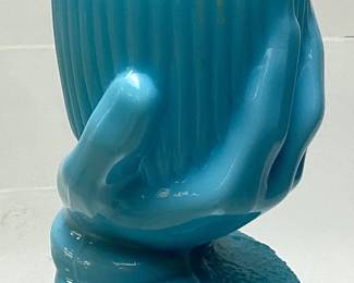 PORTIEUX BLUE MILK GLASS BEGGARâ€™S HAND TOOTHPICK HOLDER, 3.5in H