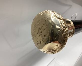 1917 GOLD CAPPED WALKING CANE ENGRAVED HENRY M. PARROTT COMPLIMENTS OF B.P.O.E No. 1917. THIS BENEVOLENT AND PROTECTIVE ORDER OF ELKS CANES GOLD HEAD CAP IS TESTING AT 10K UNDER ACID TEST. IT HAS A FEW DENTS AND WEAR DUE TO AGE. 37 INCHES LONG