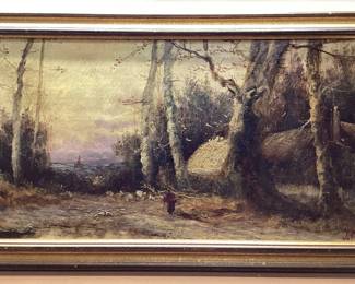 ANTIQUE J. MAY OIL ON CANVAS PAINTING BEAUTIFUL LANDSCAPE PAINTING 15x27 INCHES