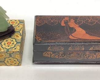  VTG. LACQUER JEWELRY BOX AND CARVED JADE RABBIT IN ORIGINAL BOX