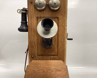ANTIQUE TIGER OAK WALL HAND CRANK TELEPHONE THE SUMTER TELEPHONE MFG. COMPANY FROM SUMTER S.C