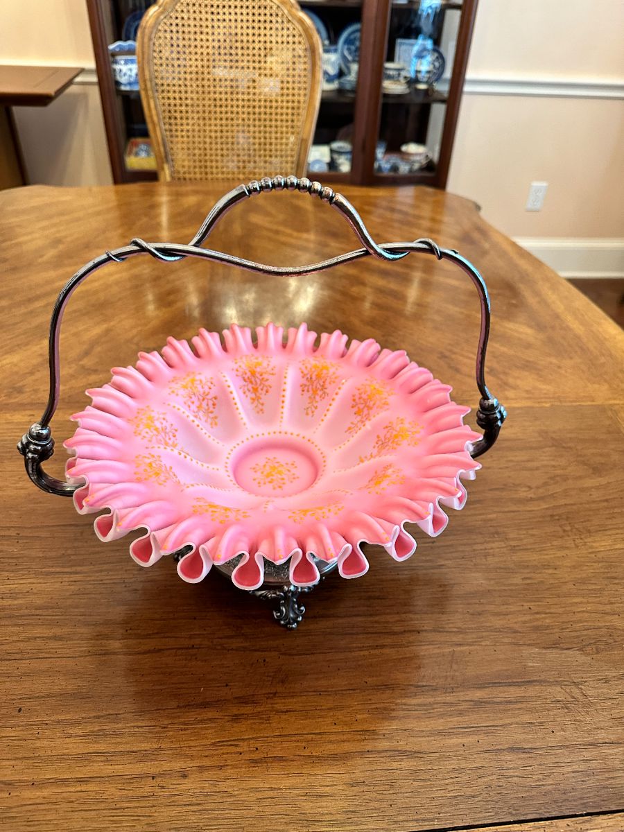 Antique, Victorian Bridal Basket, Glass Ruffled "Fenton Styler"