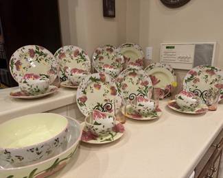 Paula Deen, "Peony Patch China, 8, 4pc Place-Settings missing 1 cereal bowl, and one Dinner plate is damaged. Plus two large Serving Bowls
