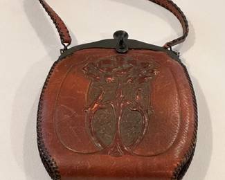 Vintage Art Nouveau Style, Hand-tooled Leather Purse