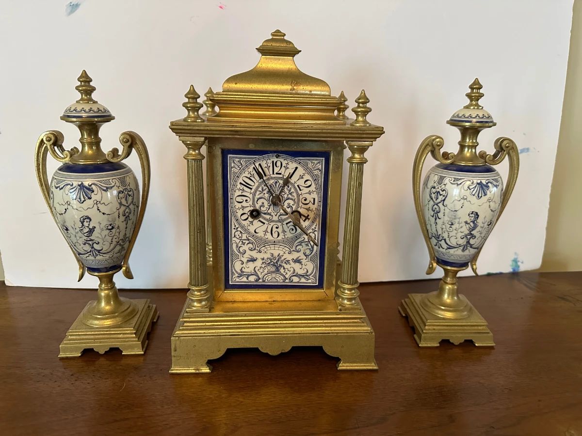 French Garniture Clock Set - Clock w/Hand Painted Panels & Matching Lidded Urns