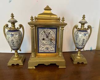 French Garniture Clock Set - Clock w/Hand Painted Panels & Matching Lidded Urns