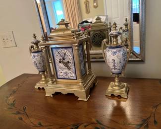 French Garniture Clock Set - Clock w/Hand Painted Porcelain Panels & Matching Lidded Urns