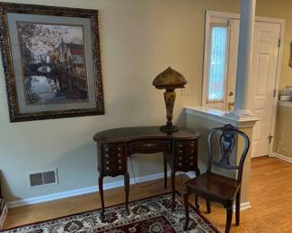 Picture, Leather Top Kidney Shaped Ladies Desk & Chair, Galle Mushroom Lamp