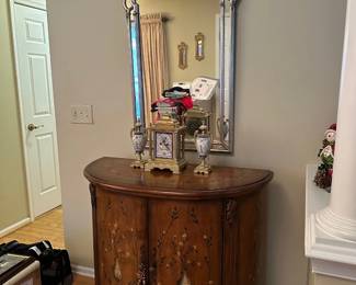 Hand Painted Floral Demilune Cabinet, Mirror, French Garniture Clock Set