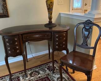 Leather Top Kidney Shaped Ladies Desk & Chair, Galle Mushroom Lamp