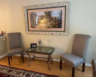 Large Picture, Pair of Side Chairs, Brass & Glass Coffee Table