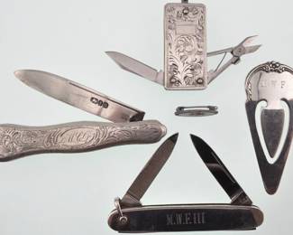 Vintage sterling pocket knives, pin, bookmark