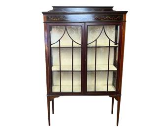 Federal style glass front cabinet with damask lined interior