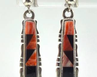 Native American sterling spiny oyster, onyx earrings