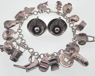 Sterling charm bracelet, earrings