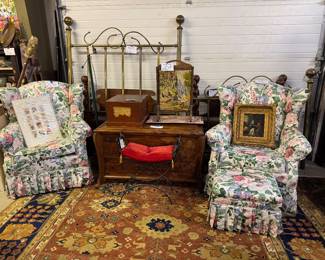 Chairs and foot stool covered in vintage Waverly fabric
