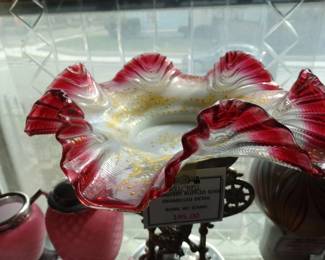 ruffled edge hand enamelled Victorian bowl on Tall Silver Plate Stand