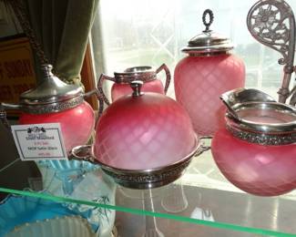 Rare 5 pc set diamond quilted Mother of pearl tableware w/ silver mounts