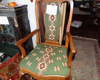 Vintagge, American Oak Open arm Chair w/ Geometric Needlepointe