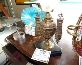 Unusual Antique Cigar Lighter w/ shade & pr. self extinguishing wands