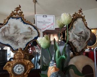 a pr. of antique hand painted Wavecrest wll plaques inm Fancy Gilt Metal Frames - in center" a Vintage Marshall B oehm Porcelain Centerpiece "Robin w/ Tullips"