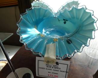 Here's a ruffled edge blue Victorian Bowl w/ Hand Pained Flowes