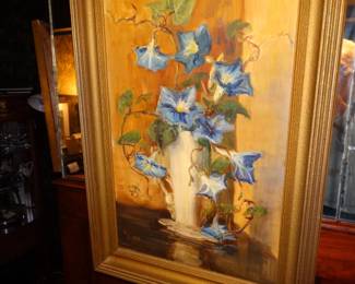 Lots of Art in this Sale! this is a painting of Morningglories in vase - unsigned
