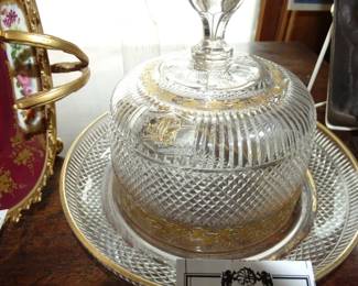 Unusual find - antique finely cut Bacarrat Crystal butter Dish trimmed in gold enamel