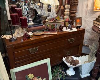 pretty vanity/dresser, framed art, vases, candlestick