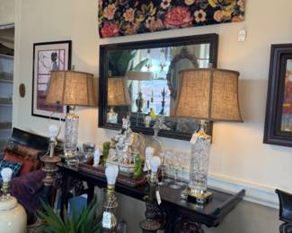 beautiful crystal lamps, vintage black sofa table