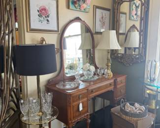 dressing table, brass and glass table lamp, framed floral art, vintage gold mirror