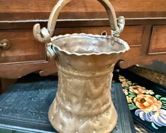 Vintage Persian copper bucket with hammered design, scalloped remand brass swing handle 