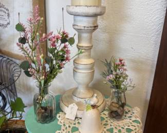 wooden candlestick, vintage stool, doilie